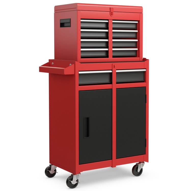 2-in-1 tool chest and cabinet in red and black with five sliding drawers and large storage capacity on wheels.