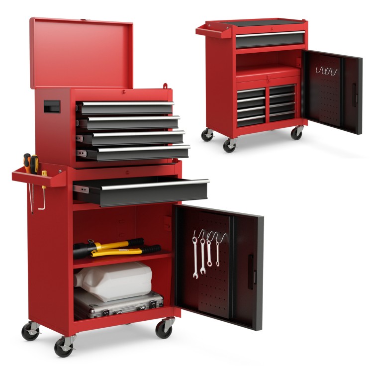 2-in-1 tool chest and cabinet in black and red with five sliding drawers and large storage capacity for tools.