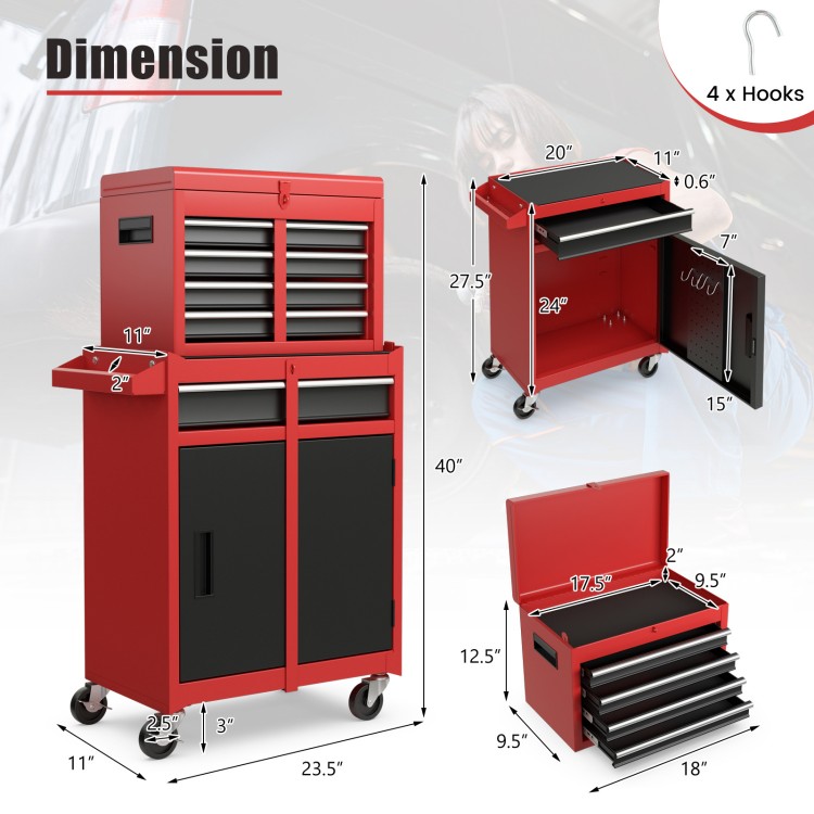 2-in-1 black and red tool chest with five sliding drawers and large cabinet, ideal for garage storage and organization.