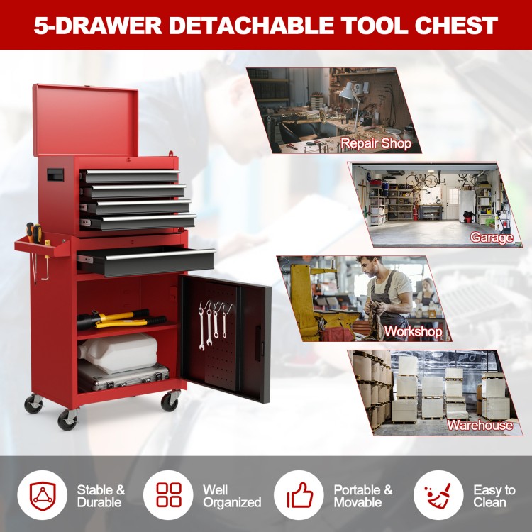 5-drawer tool chest in black and red, featuring durable steel, smooth sliding drawers, and portable design for easy.