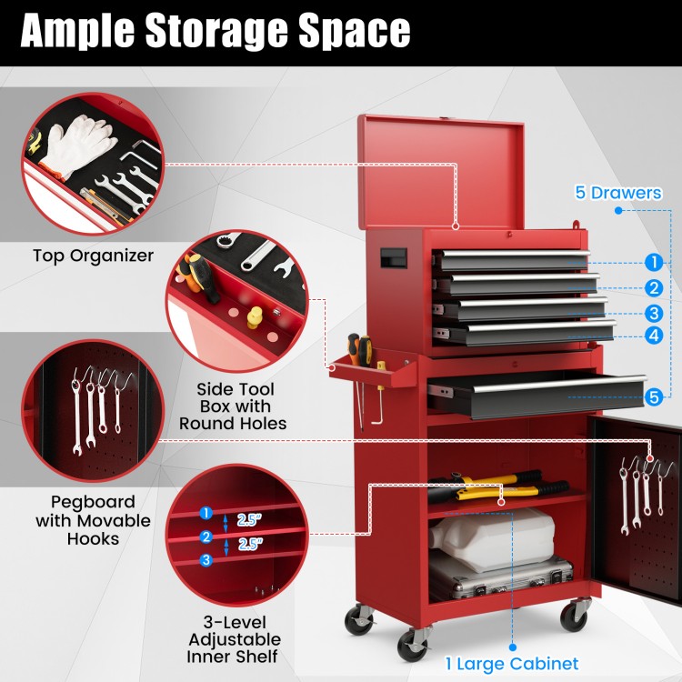 2-in-1 tool chest and cabinet in black and red with five sliding drawers and ample storage for tools and accessories.