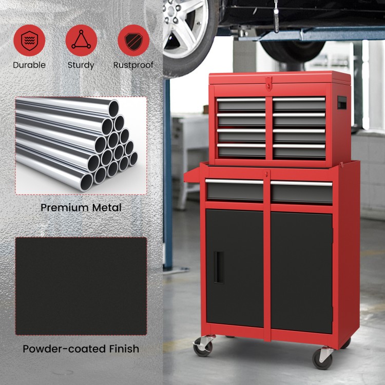 2-in-1 black and red tool chest with five sliding drawers and large bottom cabinet for efficient tool storage.