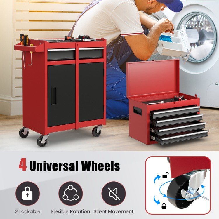 2-in-1 tool chest and cabinet in black and red with five sliding drawers and four universal wheels for easy mobility.