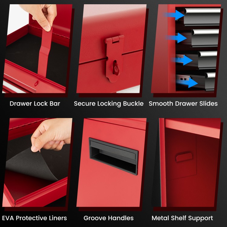 Close-up of the 2-in-1 tool chest's smooth drawer slides and secure locking buckle for easy access and safety.