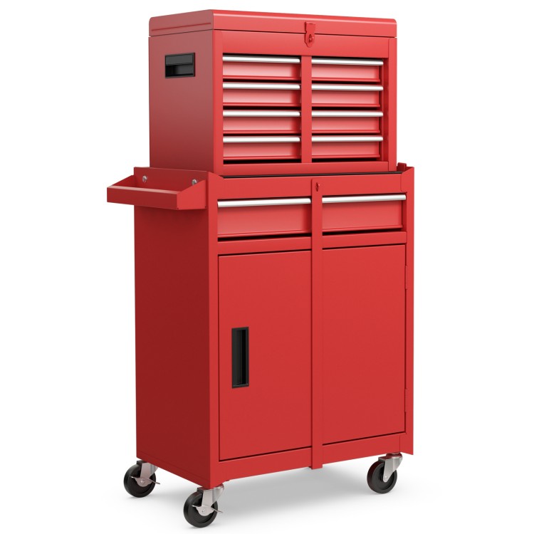Red 2-in-1 tool chest and cabinet with five sliding drawers, lockable wheels, and large storage capacity for tools.