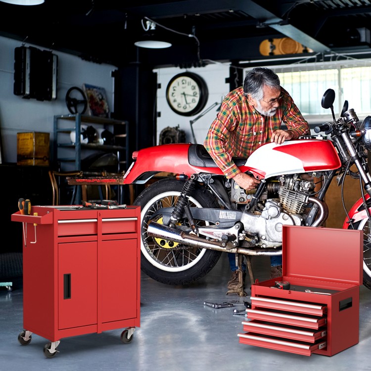 Red 2-in-1 tool chest and cabinet with five sliding drawers, designed for durable tool storage and easy mobility.