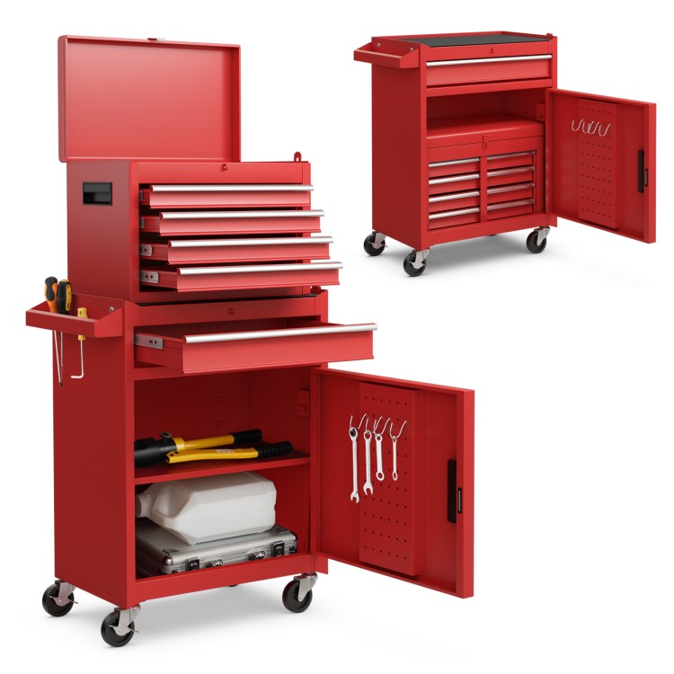 Red 2-in-1 tool chest and cabinet with five sliding drawers, lockable wheels, and spacious storage for tools and.