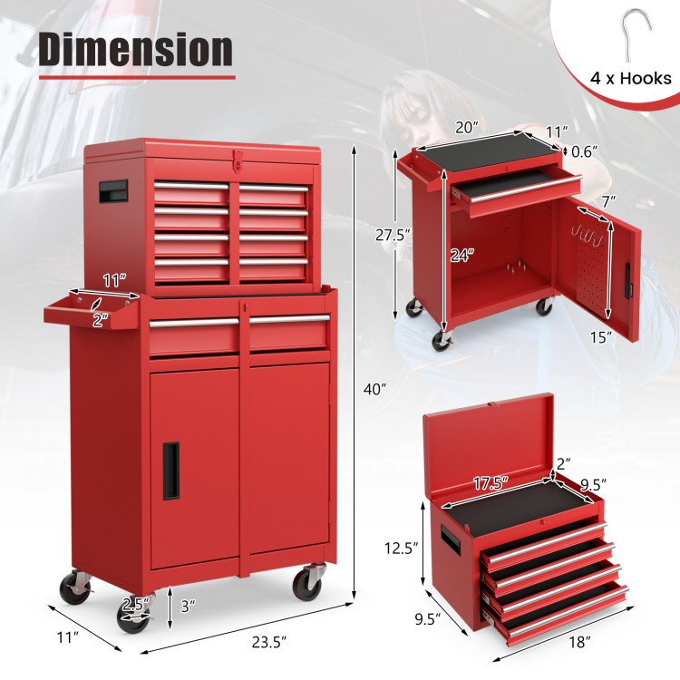 2-in-1 red tool chest and cabinet with 5 sliding drawers, 220.5 lbs capacity, and lockable wheels for easy mobility.
