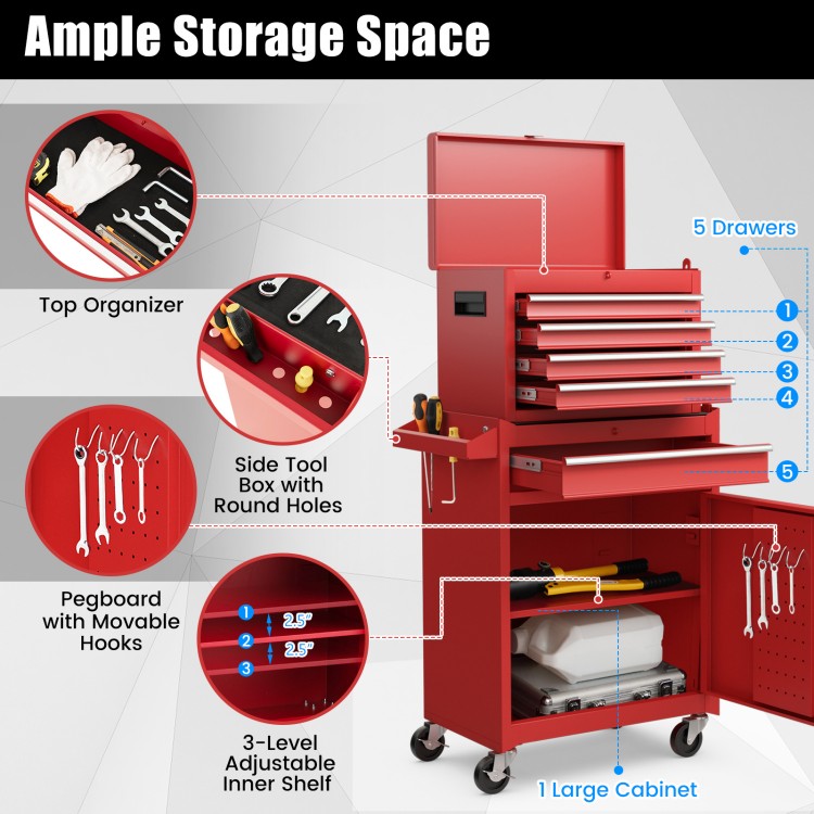 Red 2-in-1 tool chest with 5 sliding drawers, top organizer, and side tool hooks for efficient tool storage.
