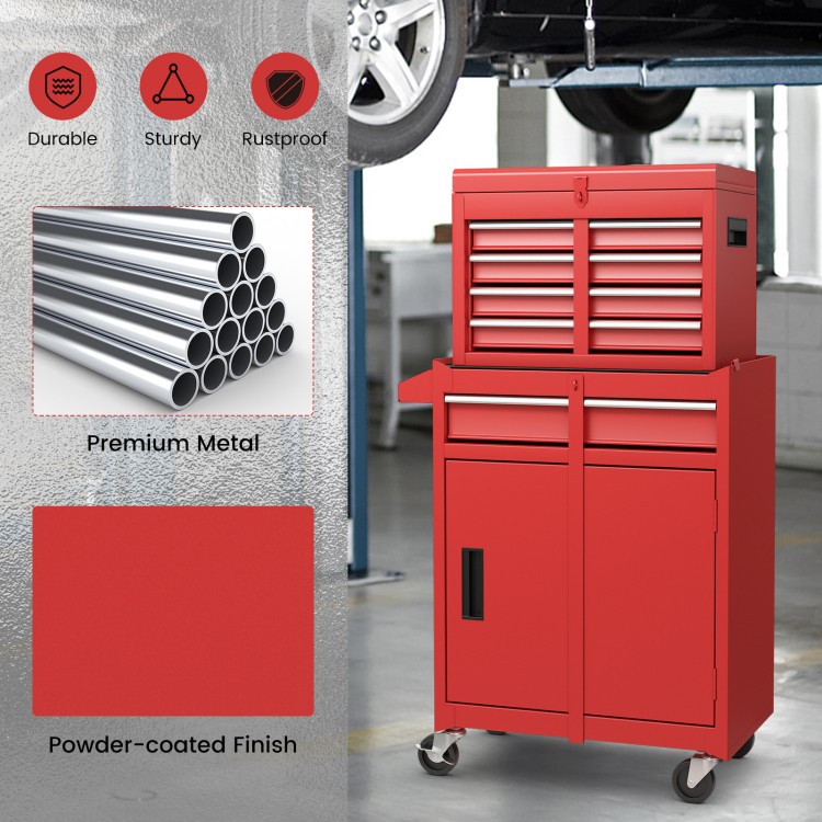 Red 2-in-1 tool chest and cabinet with five sliding drawers, durable steel, and lockable wheels for easy mobility.