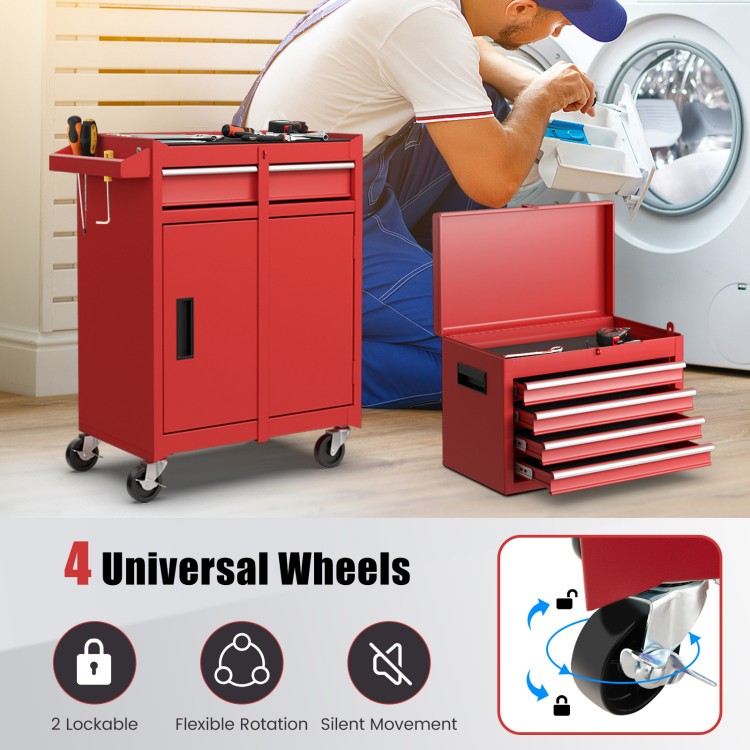 Red 2-in-1 tool chest and cabinet with five sliding drawers and lockable wheels for easy mobility and storage.