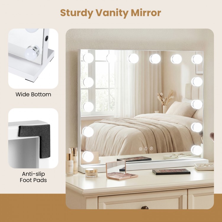 Sturdy 2-in-1 vanity mirror with 14 dimmable LED bulbs, adjustable brightness, and anti-slip foot pads for stability.