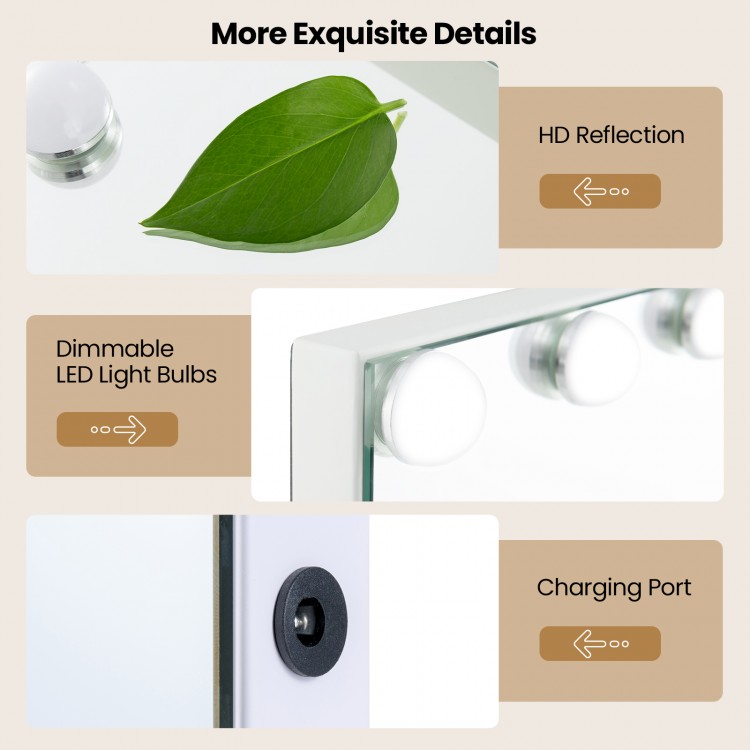 Dimmable LED light bulbs and charging port details of the 2-in-1 vanity mirror for versatile lighting options.