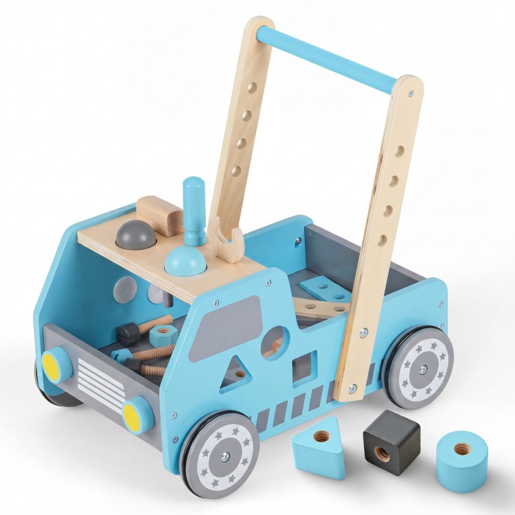 Truck-shaped 2-in-1 wooden baby walker in blue with adjustable speed, storage, and anti-slip wheels for safe play.