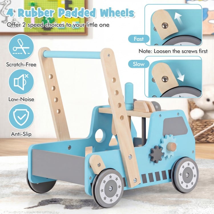 Blue 2-in-1 wooden baby walker with adjustable speed, rubber padded wheels, and bottom storage for organized toys.