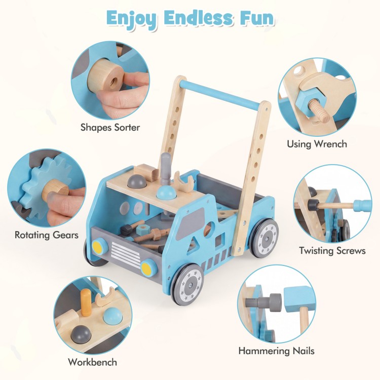 Truck-shaped 2-in-1 wooden baby walker in blue with adjustable speed, storage, and various engaging activities for kids.