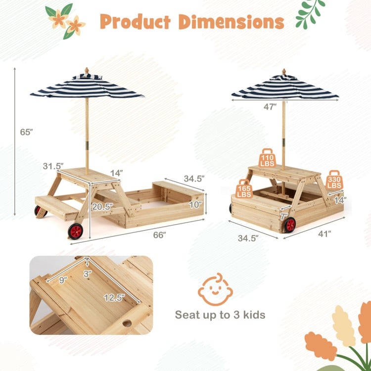 2-in-1 wooden sandbox with foldable umbrella and picnic table, featuring fir wood build and adjustable shade for kids'.
