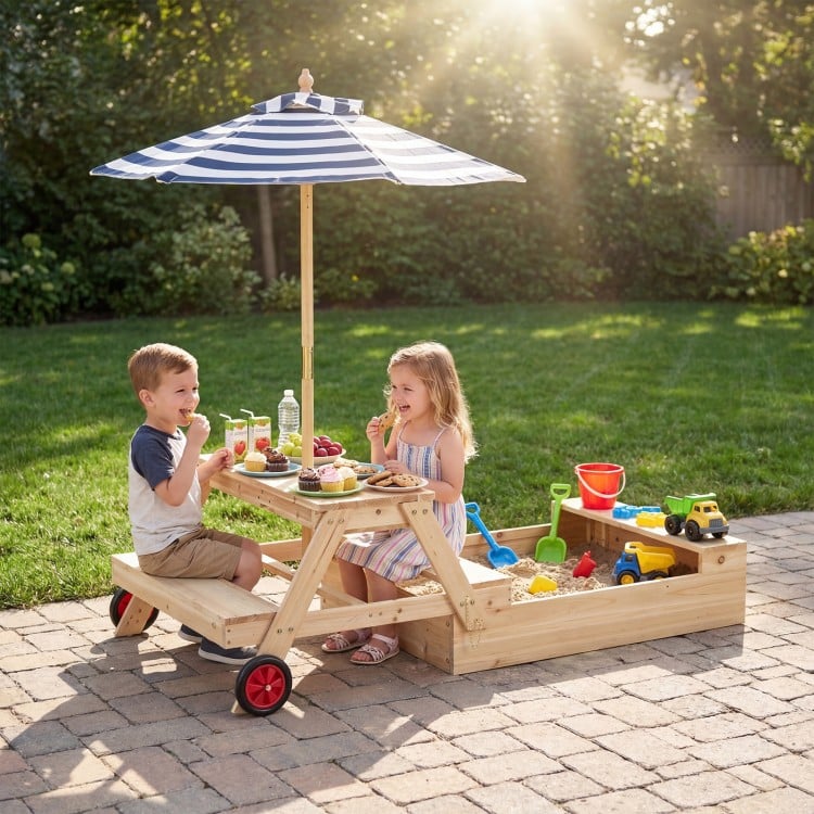 Wooden 2-in-1 sandbox and picnic table with blue umbrella, perfect for outdoor play and snacks for kids aged 3-5.