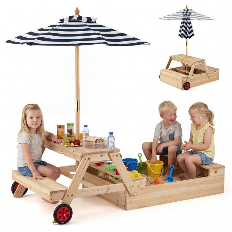 Wooden 2-in-1 sandbox with foldable umbrella and picnic table, ideal for outdoor play and snacks for kids aged 3-5.