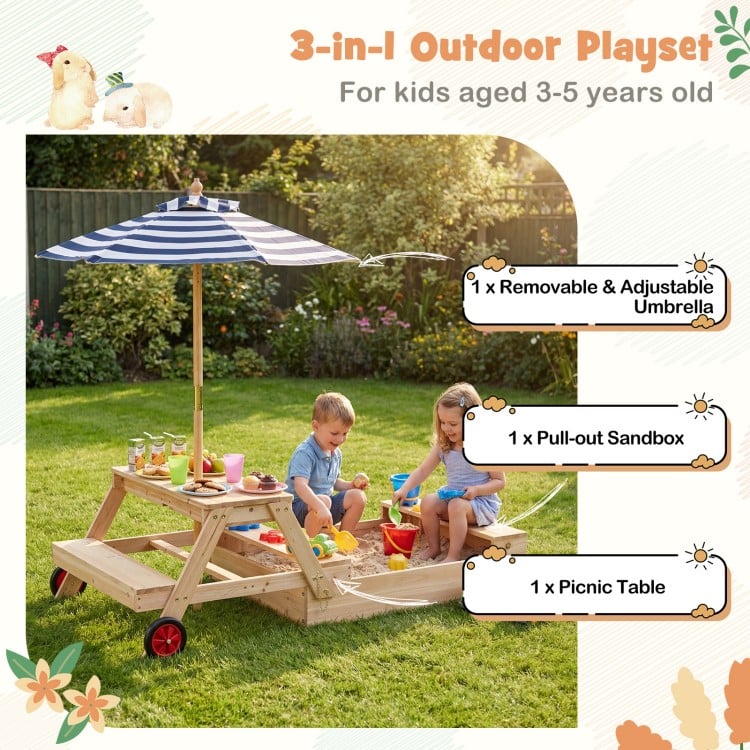Wooden sandbox with foldable umbrella and picnic table for kids, featuring removable tabletop and benches for clean.