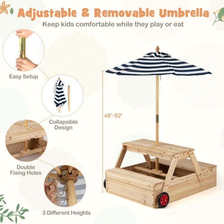 2-in-1 wooden sandbox with foldable umbrella, adjustable height, and picnic table design for outdoor kids' play.