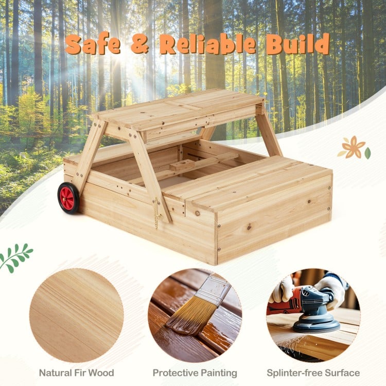 2-in-1 wooden sandbox with foldable umbrella, fir wood build, and protective paint for safe outdoor play and picnics.