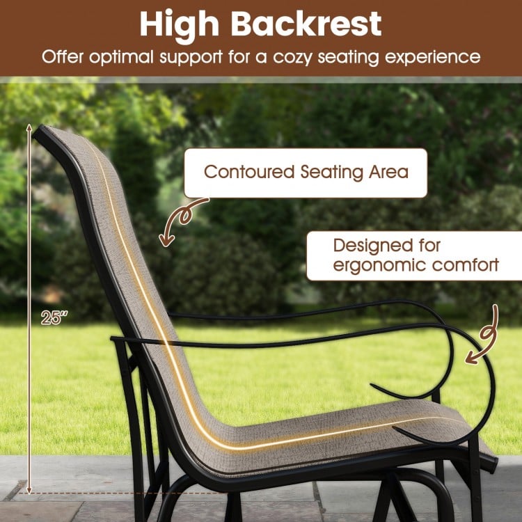 High backrest of the 2-person outdoor glider bench in brown, designed for ergonomic comfort and optimal support.