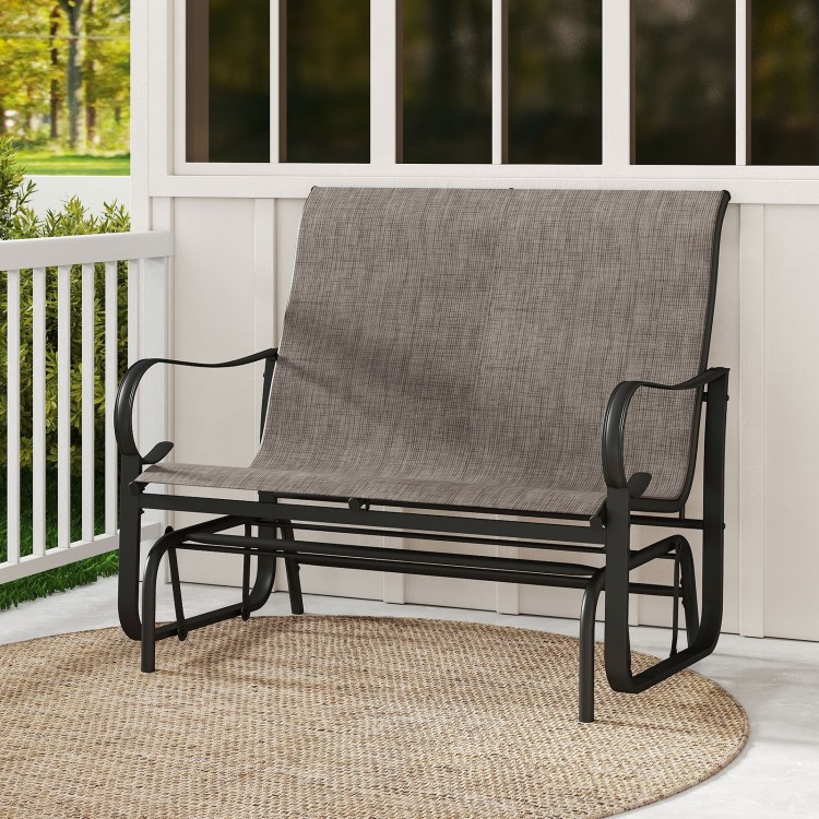 2-person outdoor glider bench with high backrest in brown, featuring ergonomic design and durable fabric for patio.