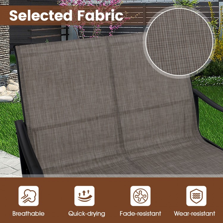 Close-up of breathable, quick-drying fabric on the 2-person outdoor glider bench, designed for comfort and durability.