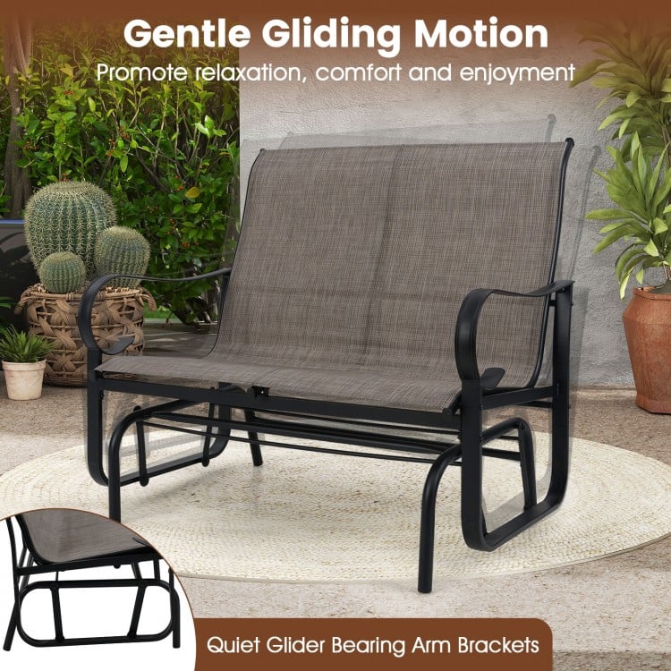 2-person outdoor glider bench with high backrest in brown, featuring gentle gliding motion for patio relaxation.