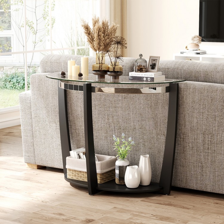 Half-moon tempered glass console table with open shelf, black stainless steel rim, ideal for stylish home storage.