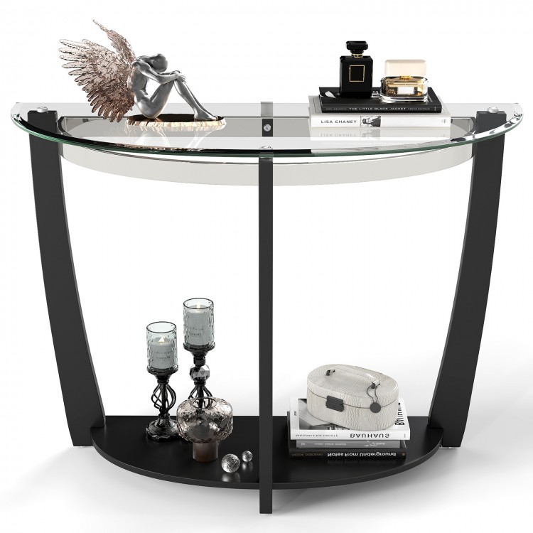 Half-moon tempered glass console table with black rubber-wood legs and open shelf for stylish storage and decor.