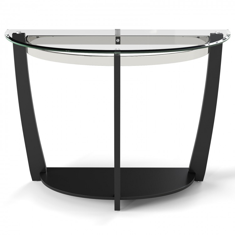 Half-moon console table with tempered glass top, featuring a sleek black finish and open shelf for versatile decor.