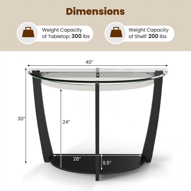 2-tier black console table with tempered glass top and open shelf, featuring a half-moon design for stylish storage.