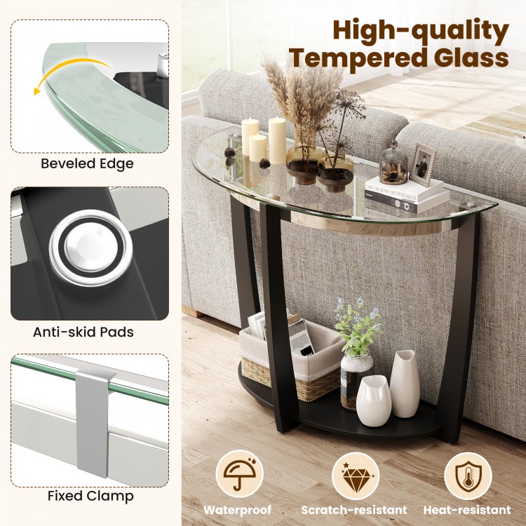 Half-moon tempered glass console table with black rubber-wood legs, featuring an open shelf for stylish storage.
