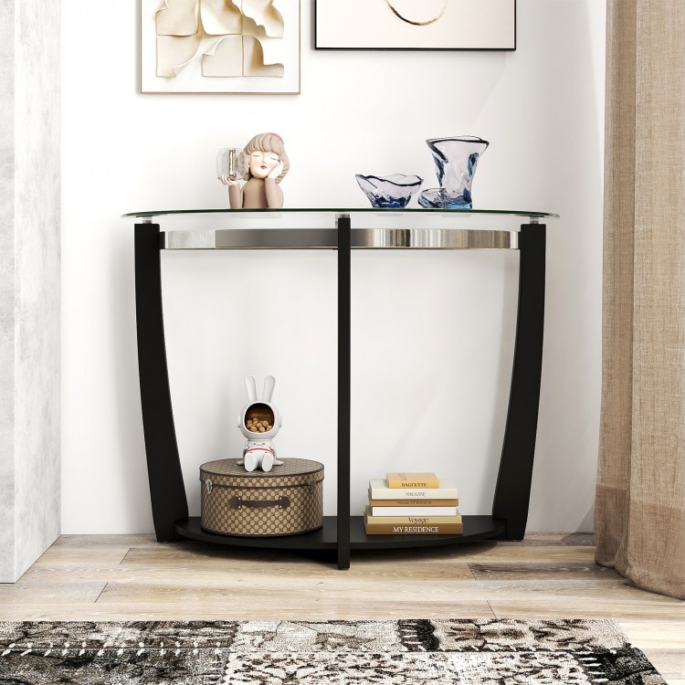 Half-moon black console table with tempered glass top and open shelf, ideal for decor and storage in any space.