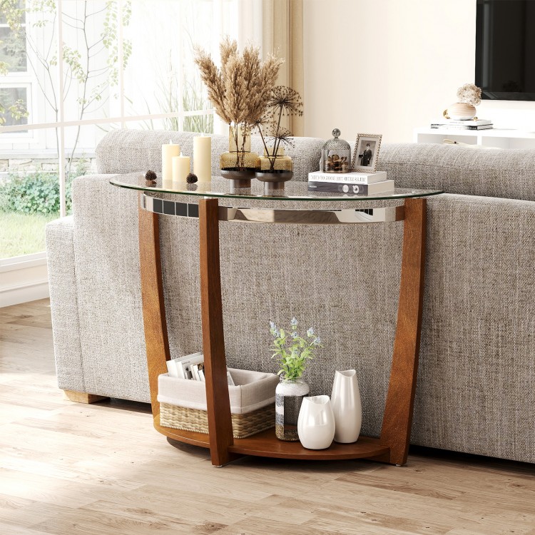 Half-moon tempered glass console table in walnut with open shelf for storage and stylish decor placement.