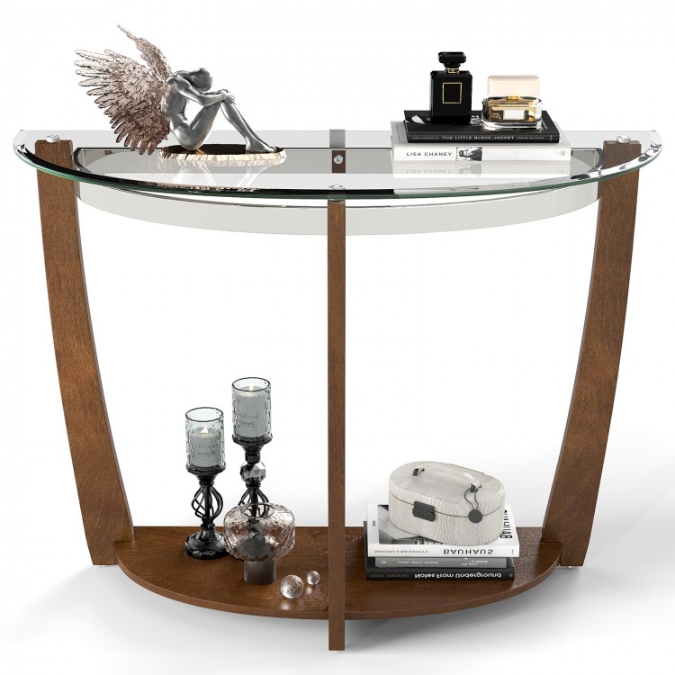 Half-moon tempered glass console table with walnut finish, featuring an open shelf for decor and sturdy rubber-wood.