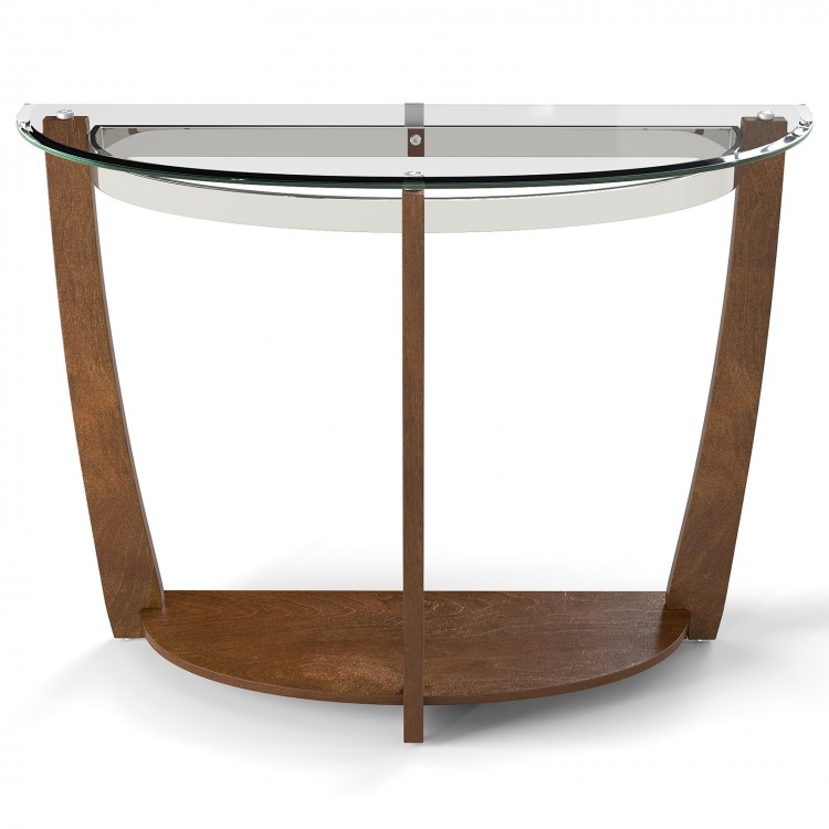 Half-moon tempered glass console table with walnut legs and open shelf for stylish storage and decoration.