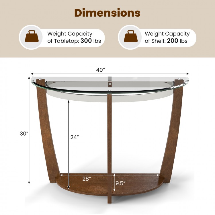 Half-moon tempered glass console table with walnut legs, featuring a 2-tier design for ample storage space.