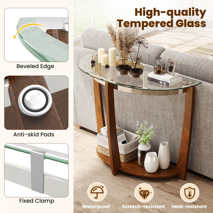 2-tier console table with clear tempered glass top, walnut finish, and open shelf for stylish storage and display.