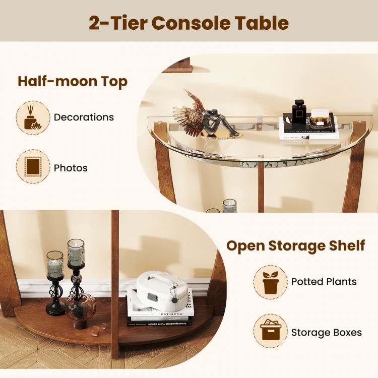 Half-moon top 2-tier console table with tempered glass and walnut legs, featuring an open shelf for decorations and.