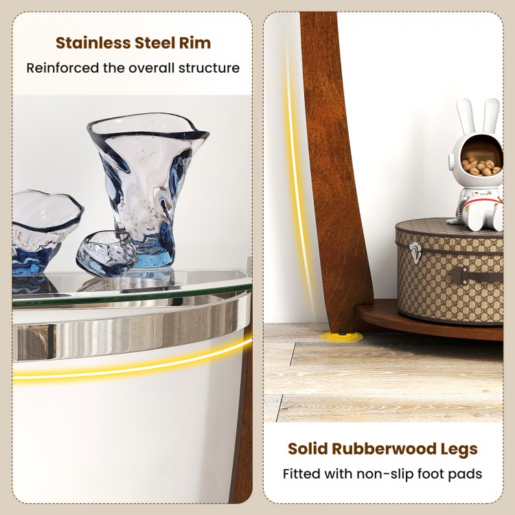 2-tier tempered glass console table with walnut rubberwood legs, stainless steel rim, and open shelf for stylish.