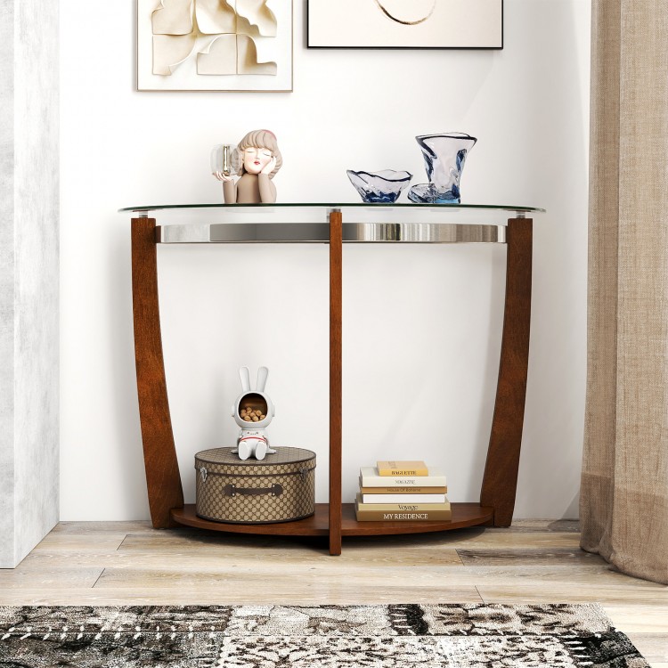 2-tier console table with tempered glass top and walnut finish, featuring an open shelf for decor and storage.