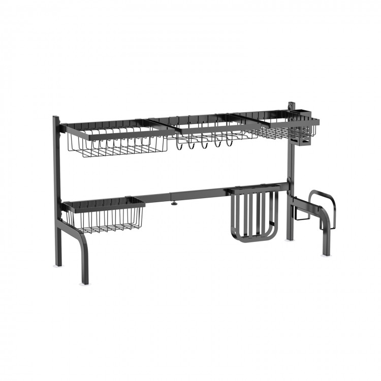 2 tier adjustable over sink dish drying rack with 4 baskets and 8 hooks, designed for space-saving and water drainage.