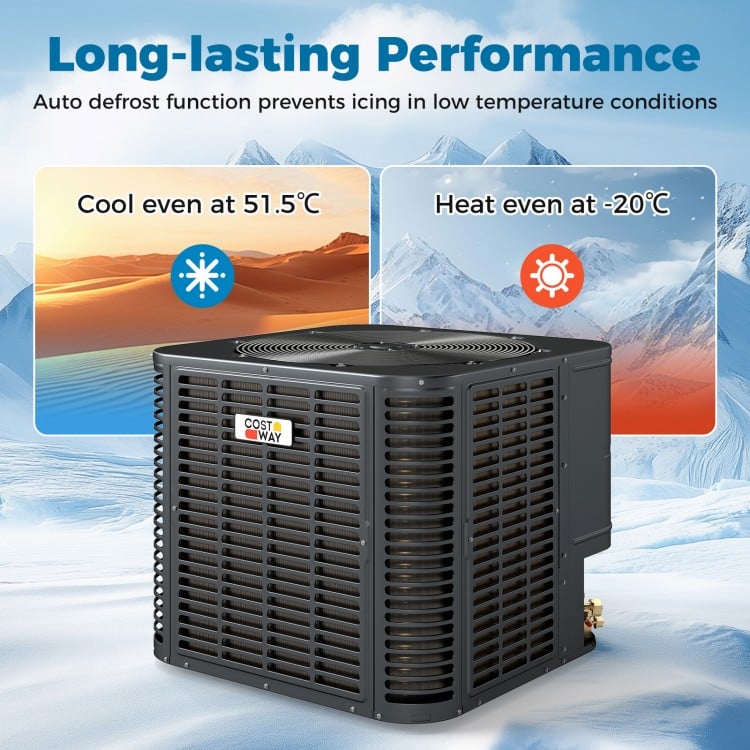 Robust 2-3 Ton heat pump system with auto defrost, efficient cooling up to 51.5°C, and heating down to -20°C.