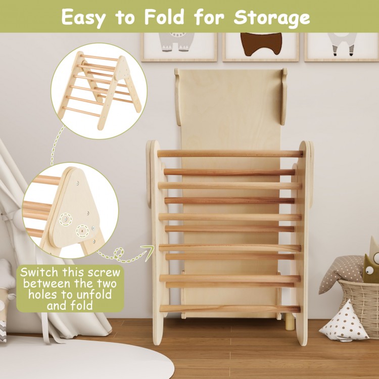 Wooden kids climber with adjustable triangular ladder, easy to fold for storage, ideal for toddlers aged 1+.