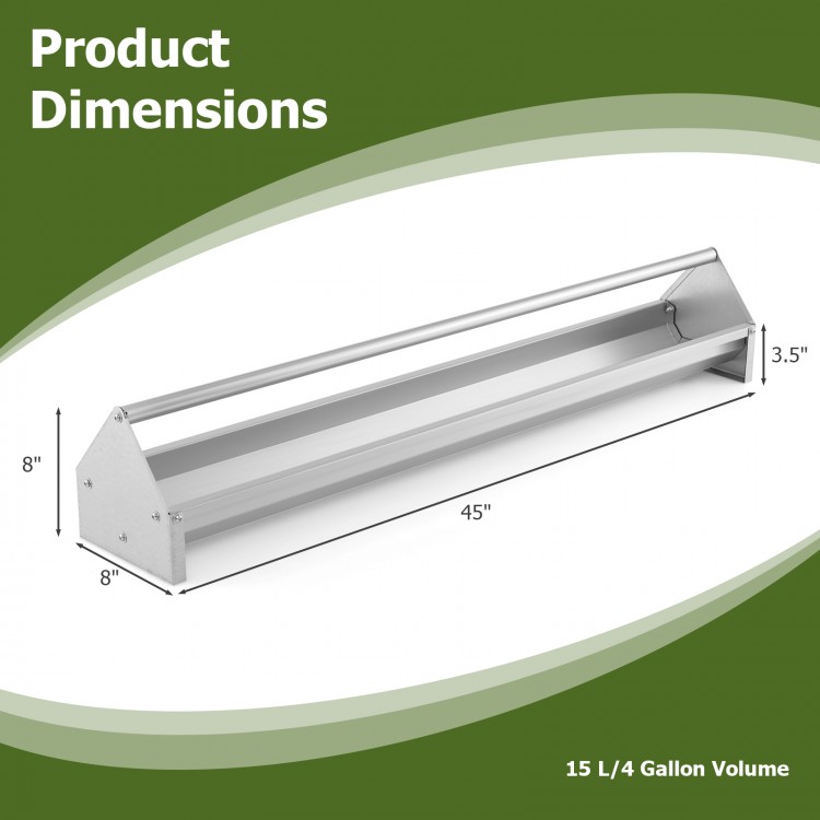 Metal chicken feeder dimensions showing 45" length and 8" height, designed for 12 chickens with 4-gallon capacity.
