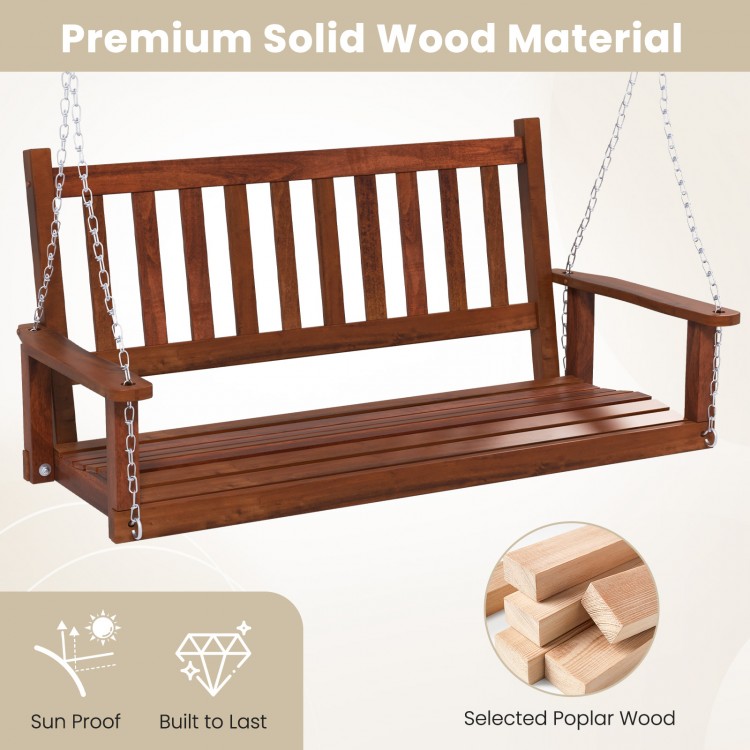 2-person wooden outdoor porch swing in brown, made of premium solid poplar wood, ideal for gardens and backyards.