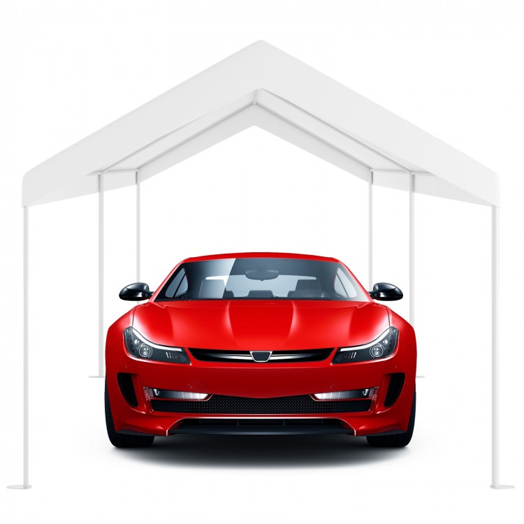 Red car parked under a 10 x 20 feet steel frame portable car canopy shelter with a weather-resistant top.